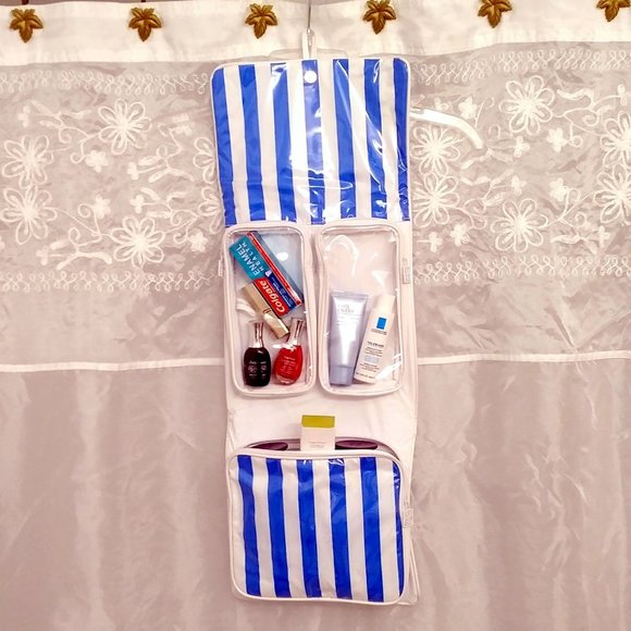 NWOT Estee Lauder Vinyl Travel Case, Blue & White Stripes - Picture 4 of 9